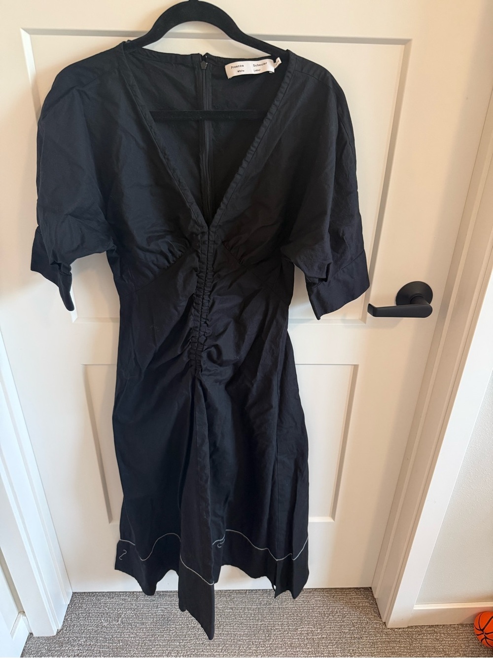 Proenza Schouler White Label Black Cotton Ruched V-Neck Midi Dress Size 6